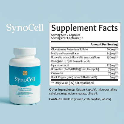 Synocell Glucosamine Chondroitin Complex Back, Neck, and Joint Support Supplement with Boswellia, Quercetin, & MSM - Renew Your Joints from the Inside Out - Move with Freedom and Ease